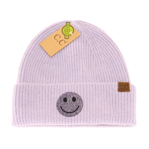 NEW! BOHO CHIC FABULOUS Rhinestone Smiley Face Cuff Beanie - Picture 2 of 4